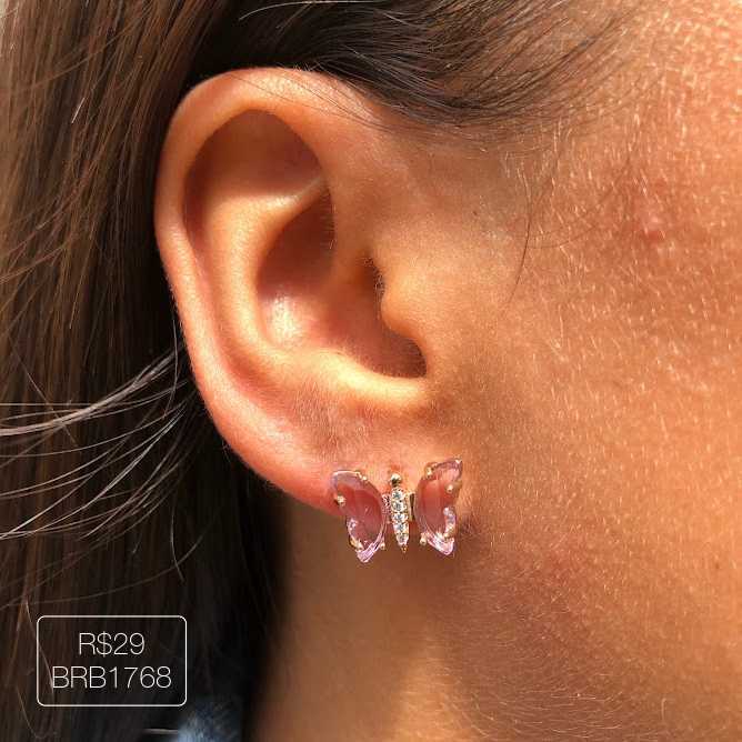 Brinco Borboleta Asa Vidro Roxo Dourado